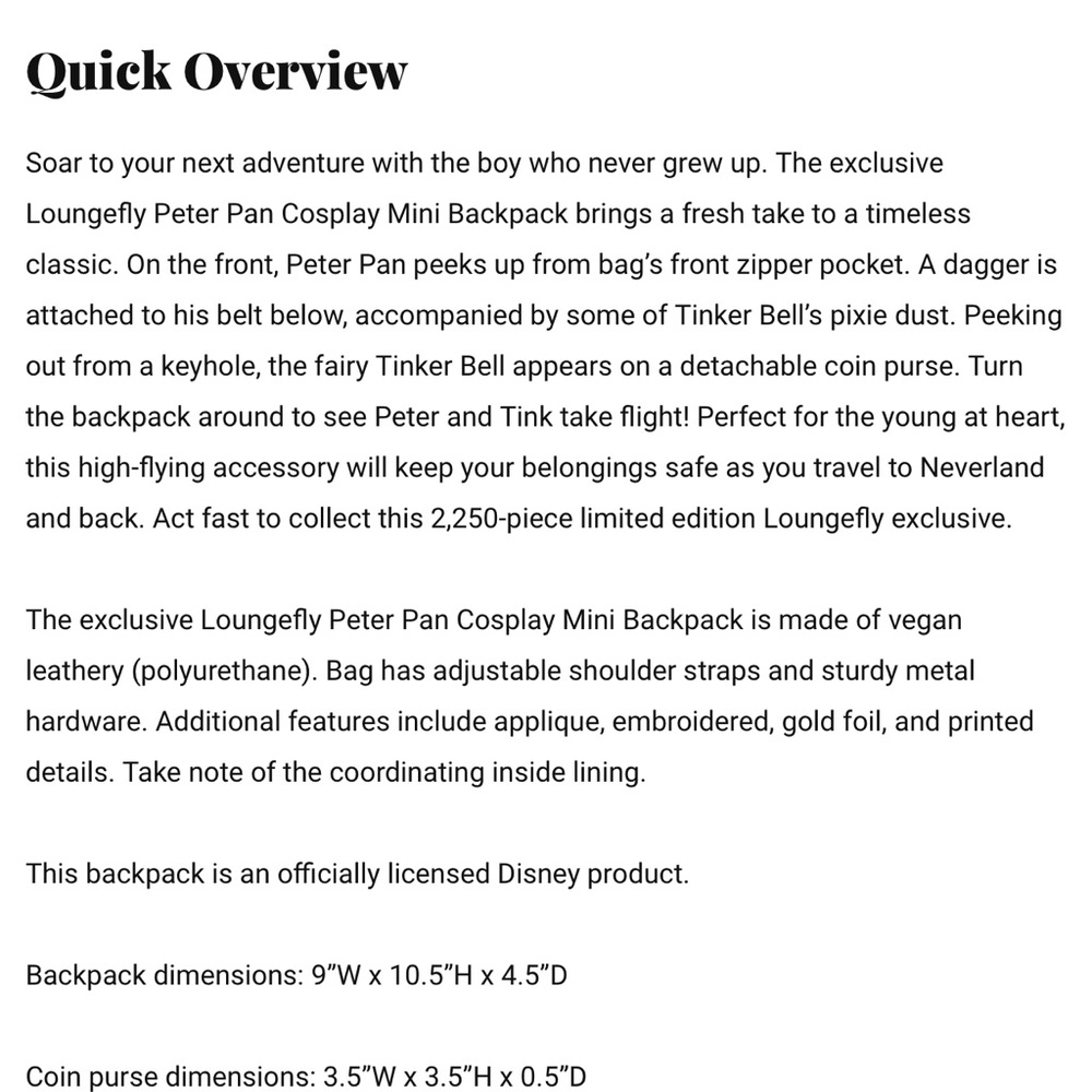 New With Tags Loungefly Disney’s Peter Pan Mini Backpack and Wallet - Picture 11 of 11